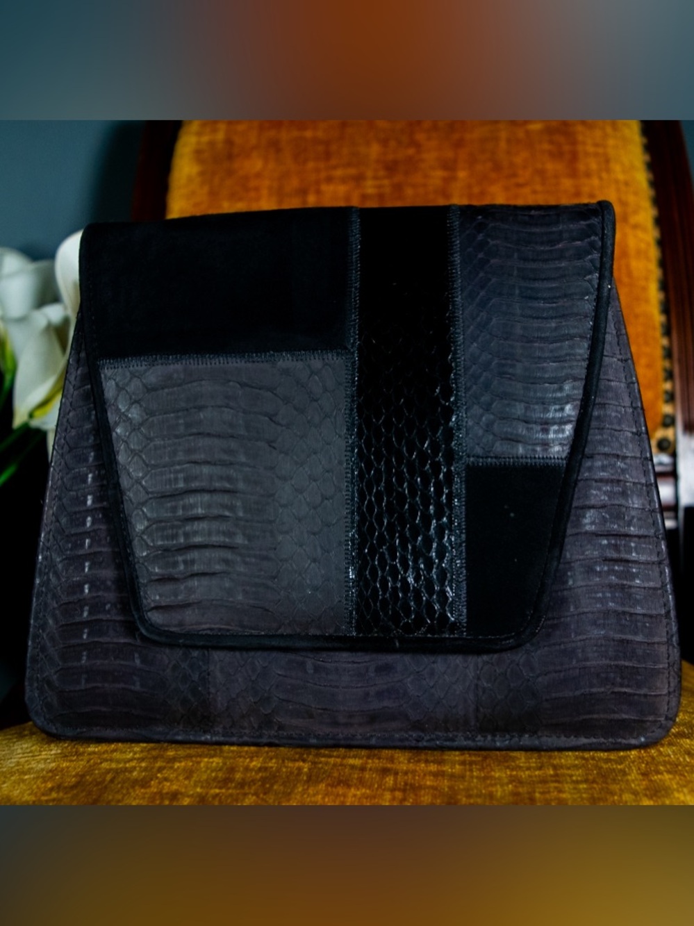 Vintage 80’s Sharif Black Patchwork Reptile & Suede Crossbody Bag